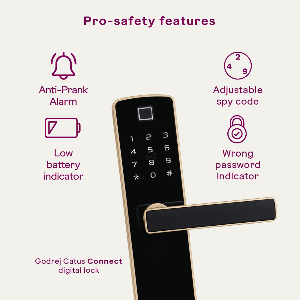 Godrej Smart Lock I Catus Connect I Digital Lock for Wooden Door | 5 in 1 Access I WiFi I Fingerprint I RFID Card I PIN Access I Mechanical Key I 3 Strong Locking Dead Bolts I Champagne Gold